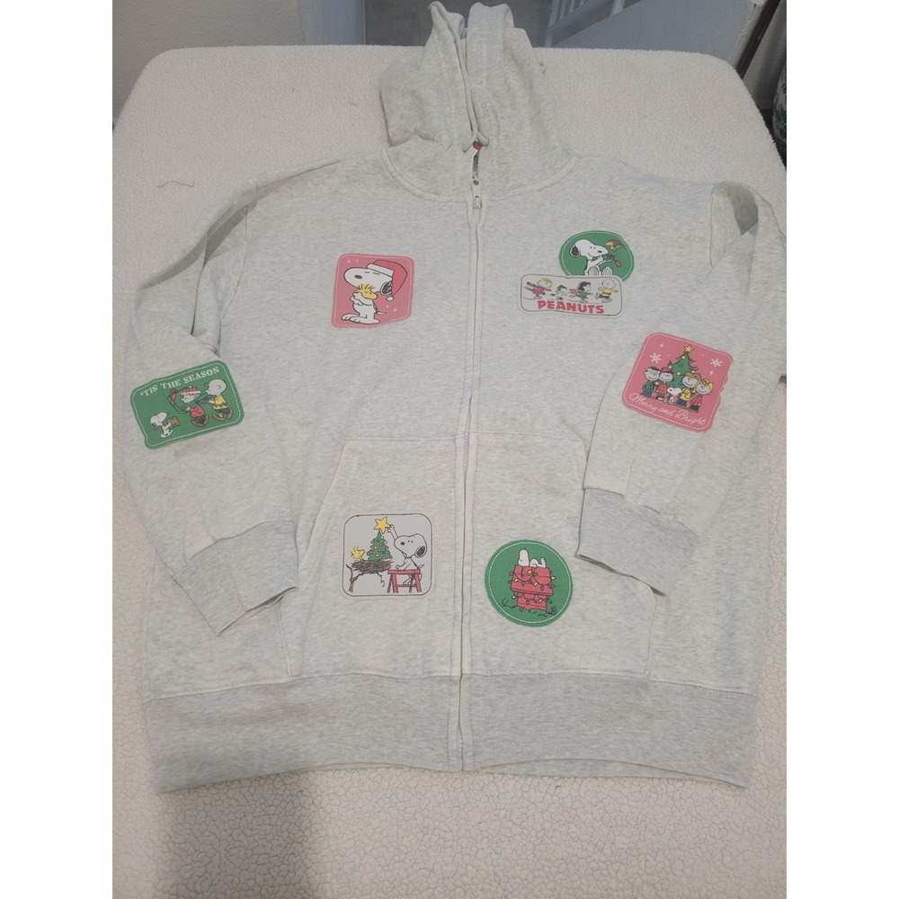 Peanuts Snoopy Friends Christmas Patches Gray Zip Hoodie LG